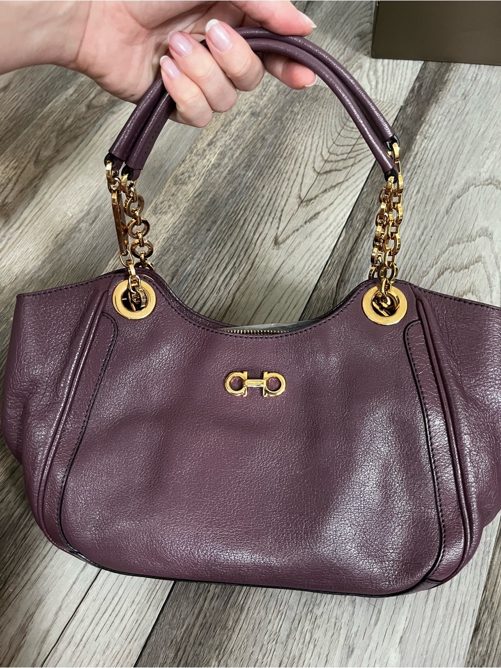 Salvatore Ferragamo Plum Leather Shoulder Bag with Gold Hardware